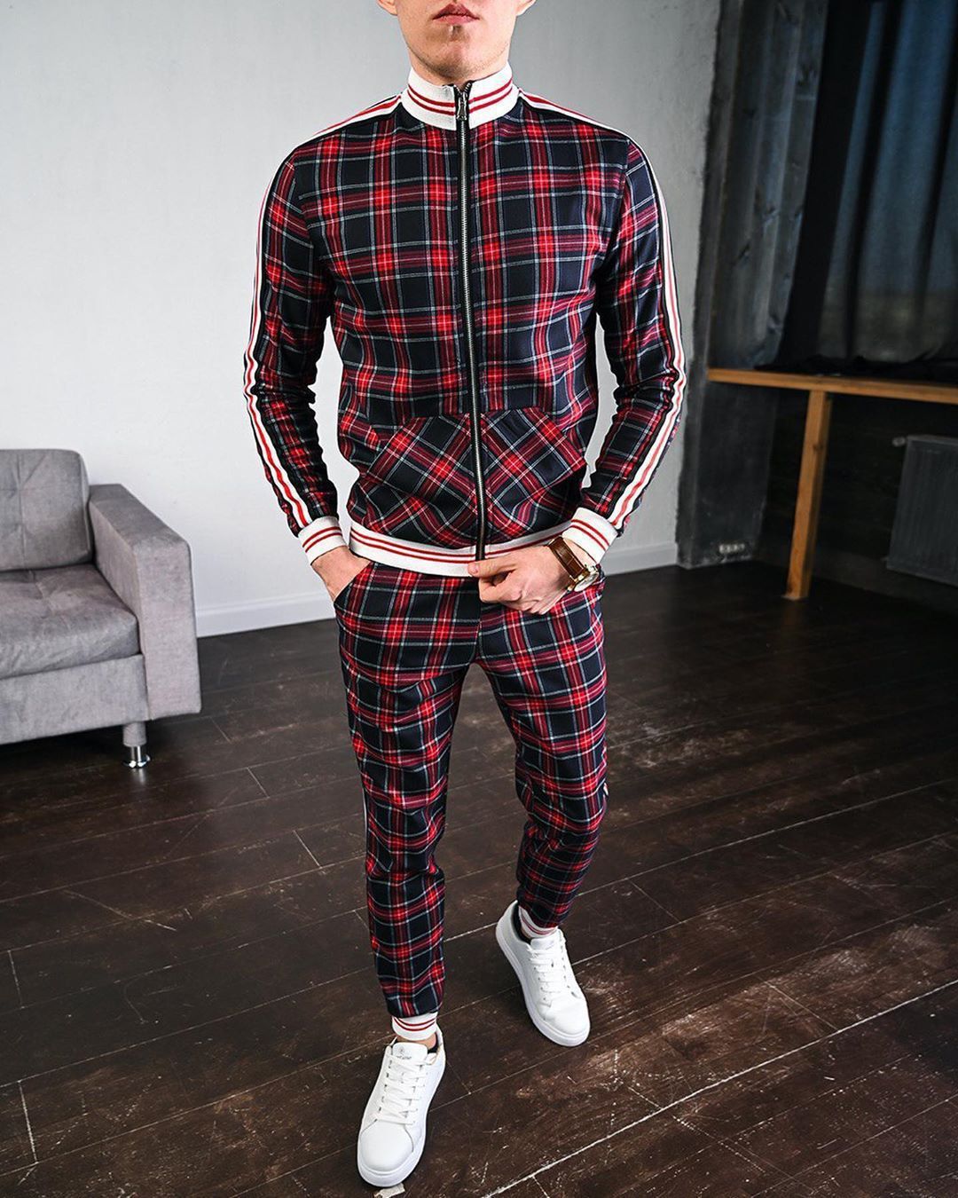 Plaid plus size hoodies zip up wind breaker sport tracksuit custom logo without pants jacket lightweight zip track suit for men Two-Piece Outfits