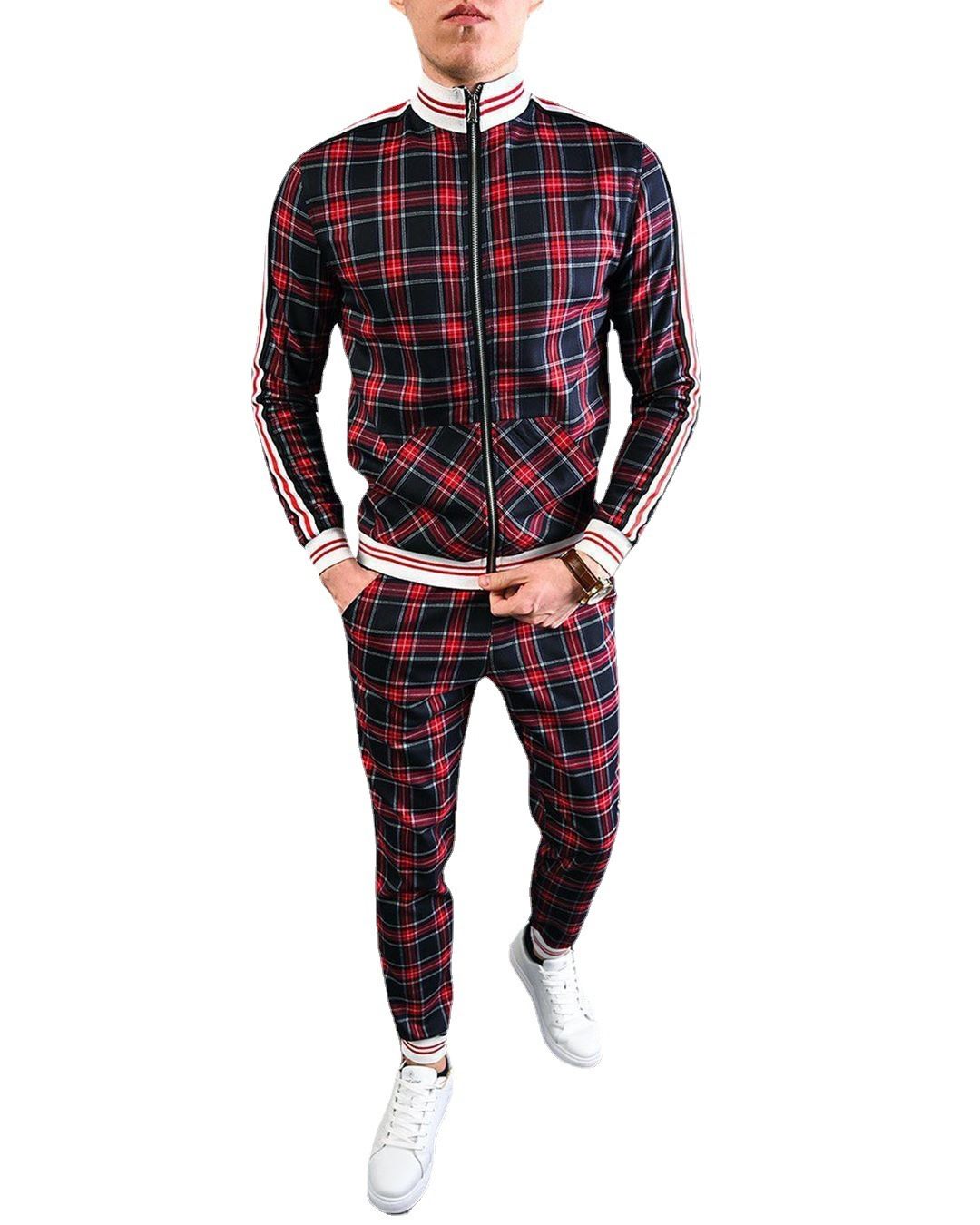 Plaid plus size hoodies zip up wind breaker sport tracksuit custom logo without pants jacket lightweight zip track suit for men Two-Piece Outfits