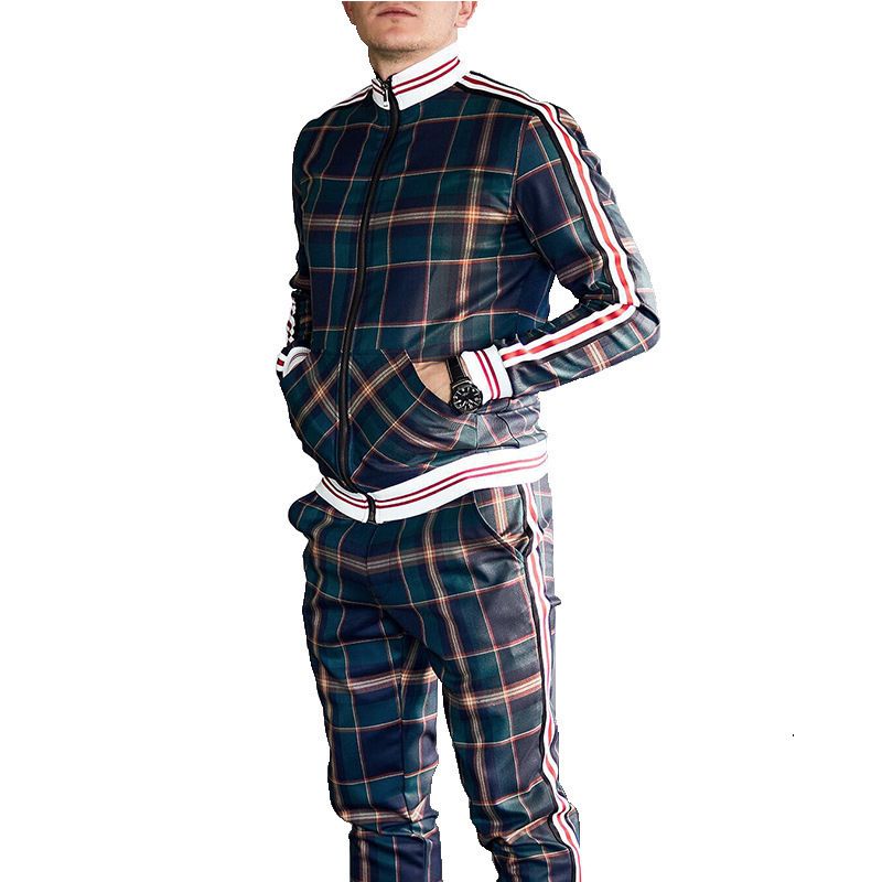 Plaid plus size hoodies zip up wind breaker sport tracksuit custom logo without pants jacket lightweight zip track suit for men Two-Piece Outfits