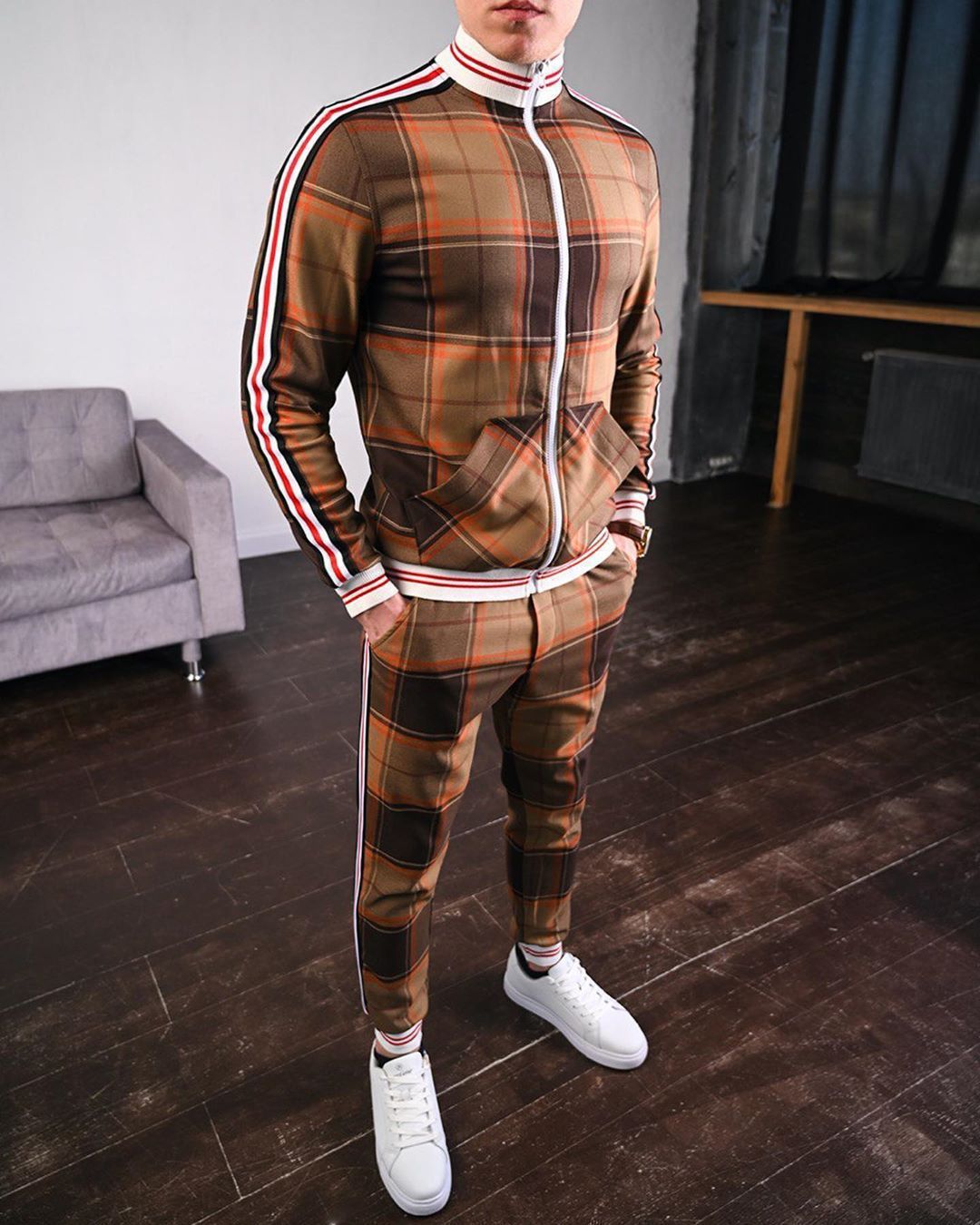 Plaid plus size hoodies zip up wind breaker sport tracksuit custom logo without pants jacket lightweight zip track suit for men Two-Piece Outfits