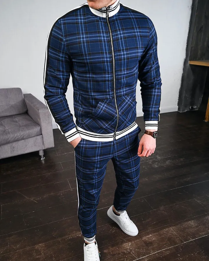 Plaid plus size hoodies zip up wind breaker sport tracksuit custom logo without pants jacket lightweight zip track suit for men Two-Piece Outfits