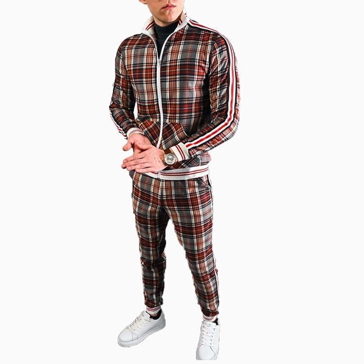 Plaid plus size hoodies zip up wind breaker sport tracksuit custom logo without pants jacket lightweight zip track suit for men Two-Piece Outfits