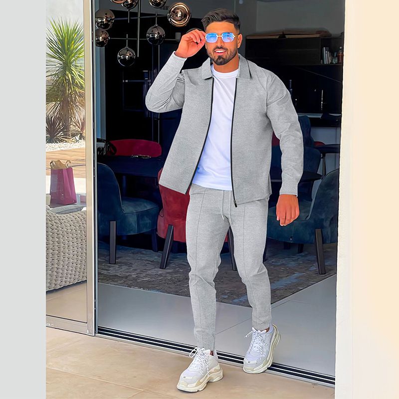 Spring And Autumn New Fashion Set Men's Clothing Fashion Street Casual Lapel Zipper Windproof Jacket Trousers Two-Piece Outfits