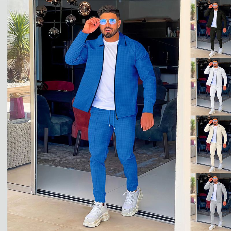 Spring And Autumn New Fashion Set Men's Clothing Fashion Street Casual Lapel Zipper Windproof Jacket Trousers Two-Piece Outfits