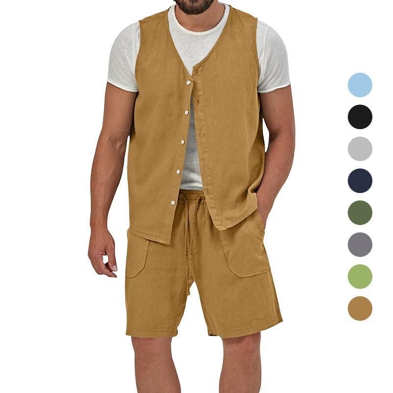 Cotton Linen Two Piece Set Summer Mens Solid Causal Outfits Men Sleeveless Shirt And Shorts Suits 2 Piece Set Two-Piece Outfits