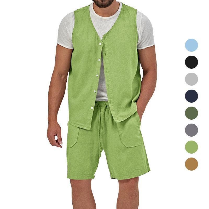 Cotton Linen Two Piece Set Summer Mens Solid Causal Outfits Men Sleeveless Shirt And Shorts Suits 2 Piece Set Two-Piece Outfits