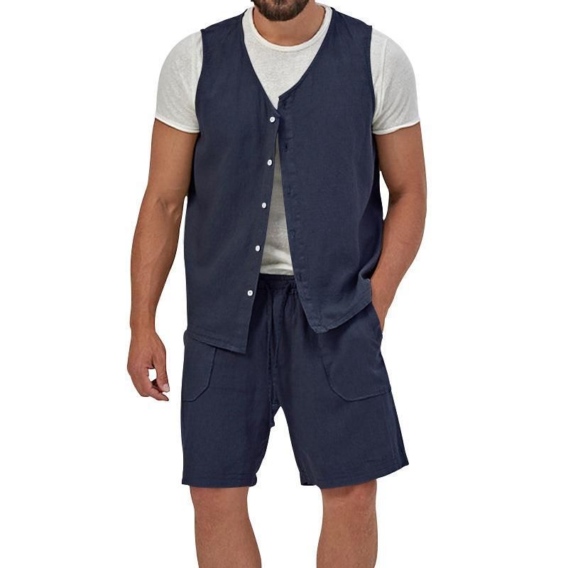 Cotton Linen Two Piece Set Summer Mens Solid Causal Outfits Men Sleeveless Shirt And Shorts Suits 2 Piece Set Two-Piece Outfits
