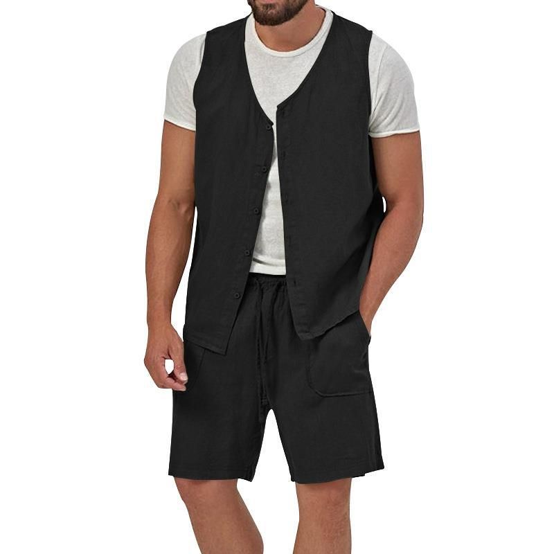 Cotton Linen Two Piece Set Summer Mens Solid Causal Outfits Men Sleeveless Shirt And Shorts Suits 2 Piece Set Two-Piece Outfits