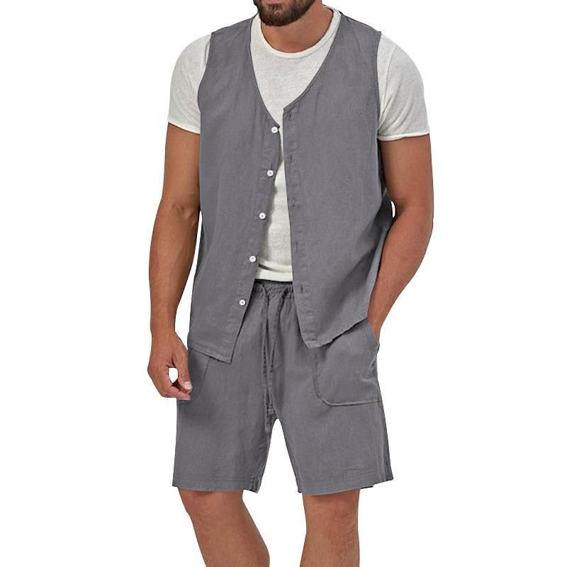 Cotton Linen Two Piece Set Summer Mens Solid Causal Outfits Men Sleeveless Shirt And Shorts Suits 2 Piece Set Two-Piece Outfits