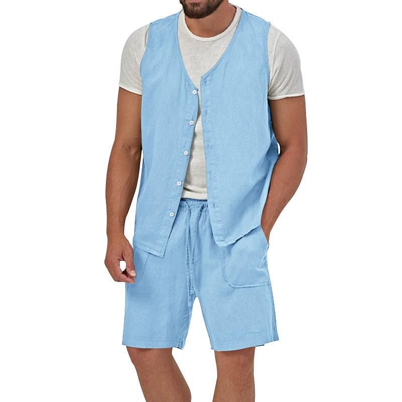 Cotton Linen Two Piece Set Summer Mens Solid Causal Outfits Men Sleeveless Shirt And Shorts Suits 2 Piece Set Two-Piece Outfits