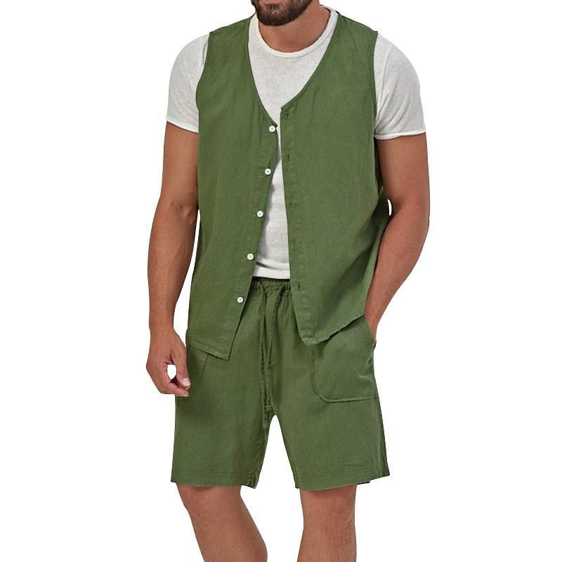 Cotton Linen Two Piece Set Summer Mens Solid Causal Outfits Men Sleeveless Shirt And Shorts Suits 2 Piece Set Two-Piece Outfits