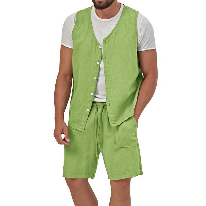 Cotton Linen Two Piece Set Summer Mens Solid Causal Outfits Men Sleeveless Shirt And Shorts Suits 2 Piece Set Two-Piece Outfits