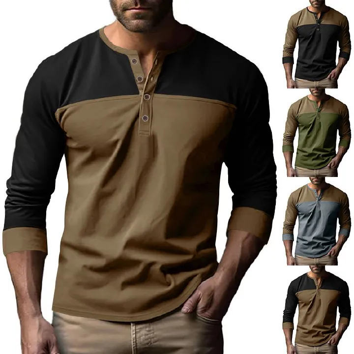 New men's color matching round neck thin casual long sleeve T-shirt
