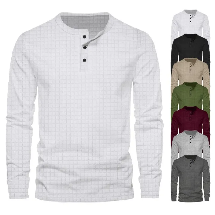 New Men Henry T-Shirt Long Sleeve Shirt Plain Round Neck Street Premium Cotton Custom Printed  T-Shirt