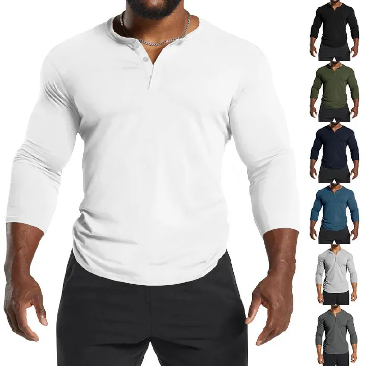 The Dark Custom Logo Men 3/4 Length Long Sleeve Henley Slim Fit Workout T Shirt Cotton Baseball Long Sleeve Men T-Shirts