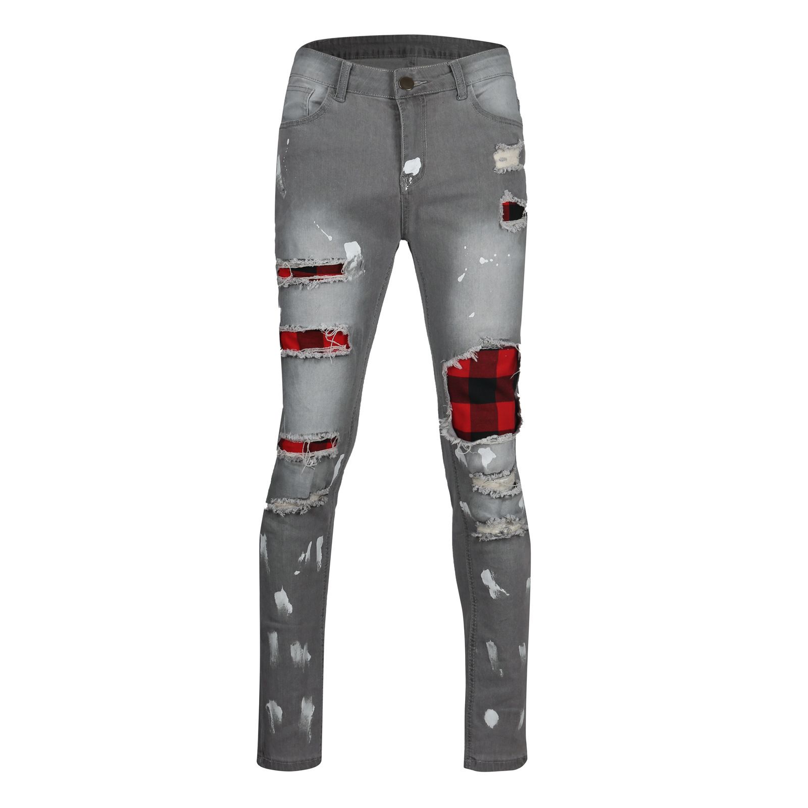 Custom Men's Slim Jean Pants Paint Street Style Hole Patched Ripped Slim Fashion Man Black Blue Denim Jeans Casual