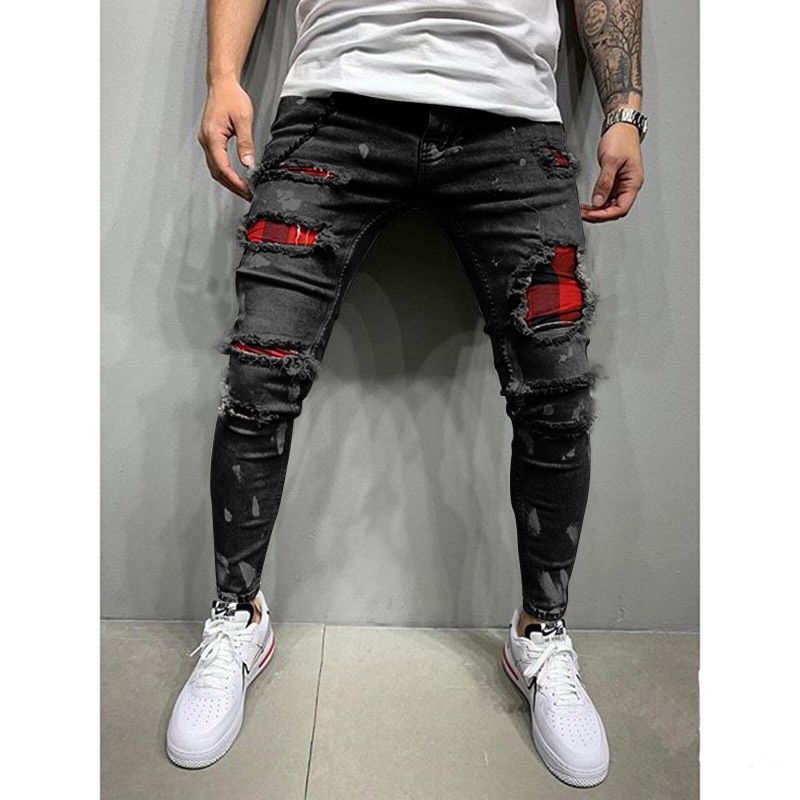 Custom Men's Slim Jean Pants Paint Street Style Hole Patched Ripped Slim Fashion Man Black Blue Denim Jeans Casual