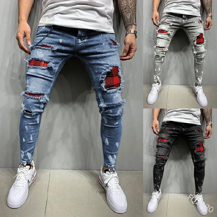 Custom Men's Slim Jean Pants Paint Street Style Hole Patched Ripped Slim Fashion Man Black Blue Denim Jeans Casual