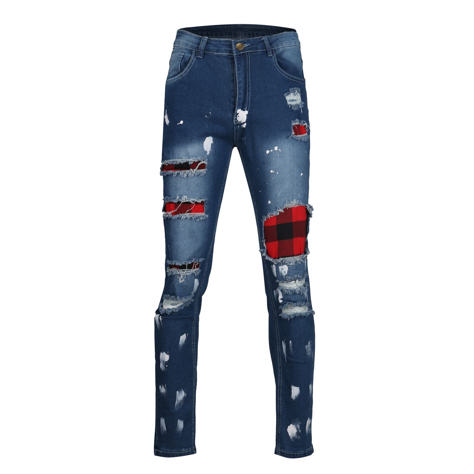 Custom Men's Slim Jean Pants Paint Street Style Hole Patched Ripped Slim Fashion Man Black Blue Denim Jeans Casual
