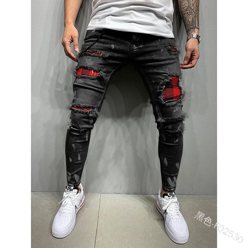Custom Men's Slim Jean Pants Paint Street Style Hole Patched Ripped Slim Fashion Man Black Blue Denim Jeans Casual