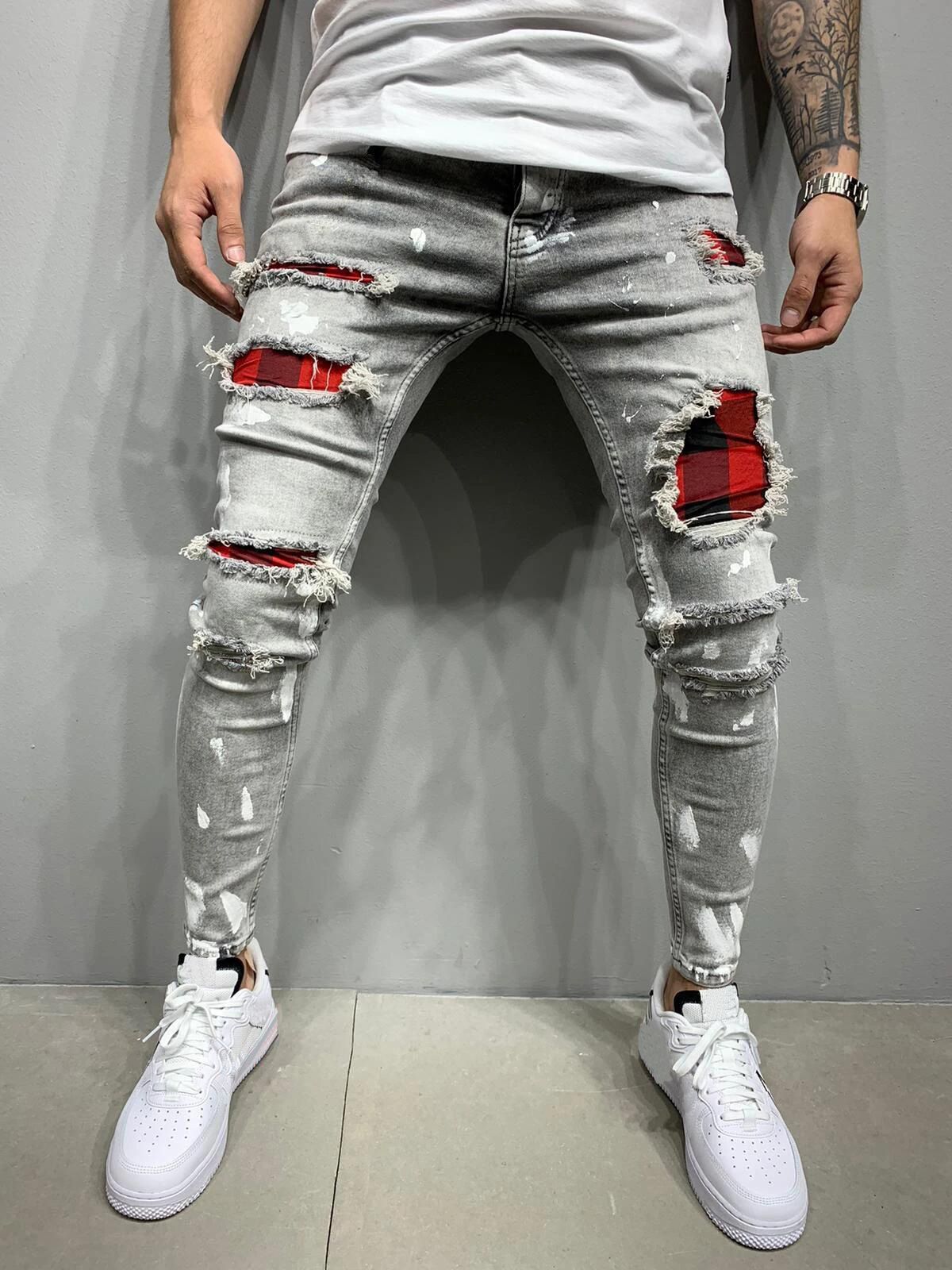 Custom Men's Slim Jean Pants Paint Street Style Hole Patched Ripped Slim Fashion Man Black Blue Denim Jeans Casual