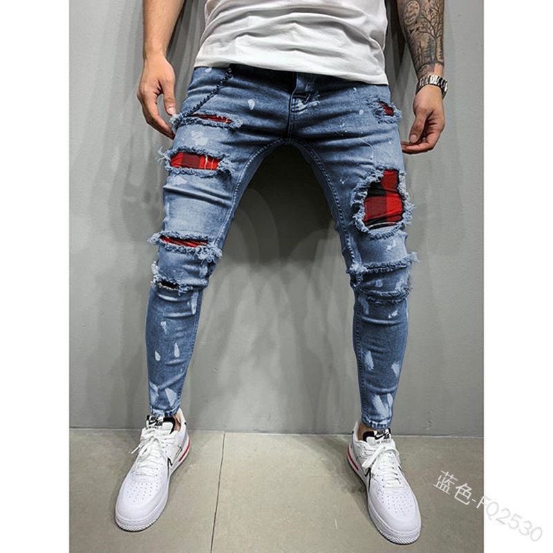 Custom Men's Slim Jean Pants Paint Street Style Hole Patched Ripped Slim Fashion Man Black Blue Denim Jeans Casual