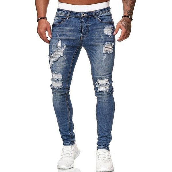 Wholesale Men Long Pants Zipper Pockets Fashion Ragged blue biker jeans trousers man black ripped Destroy Wash jeans Casual