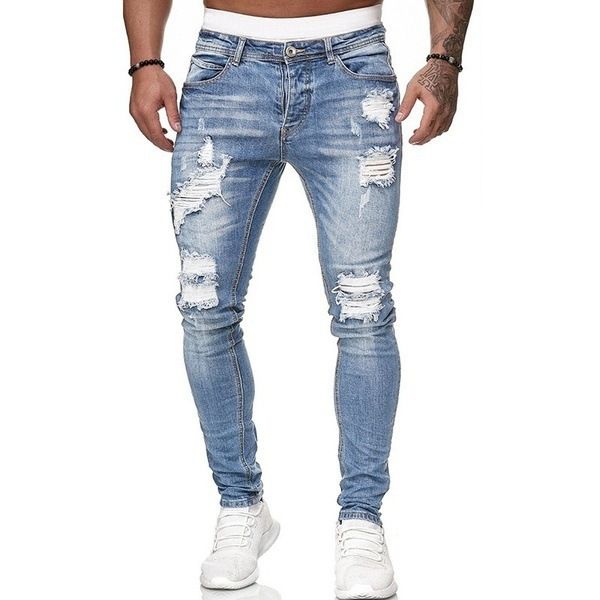 Wholesale Men Long Pants Zipper Pockets Fashion Ragged blue biker jeans trousers man black ripped Destroy Wash jeans Casual