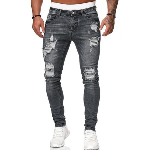 Wholesale Men Long Pants Zipper Pockets Fashion Ragged blue biker jeans trousers man black ripped Destroy Wash jeans Casual