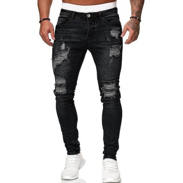 Wholesale Men Long Pants Zipper Pockets Fashion Ragged blue biker jeans trousers man black ripped Destroy Wash jeans Casual