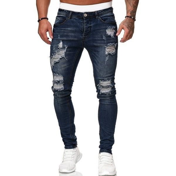 Wholesale Men Long Pants Zipper Pockets Fashion Ragged blue biker jeans trousers man black ripped Destroy Wash jeans Casual