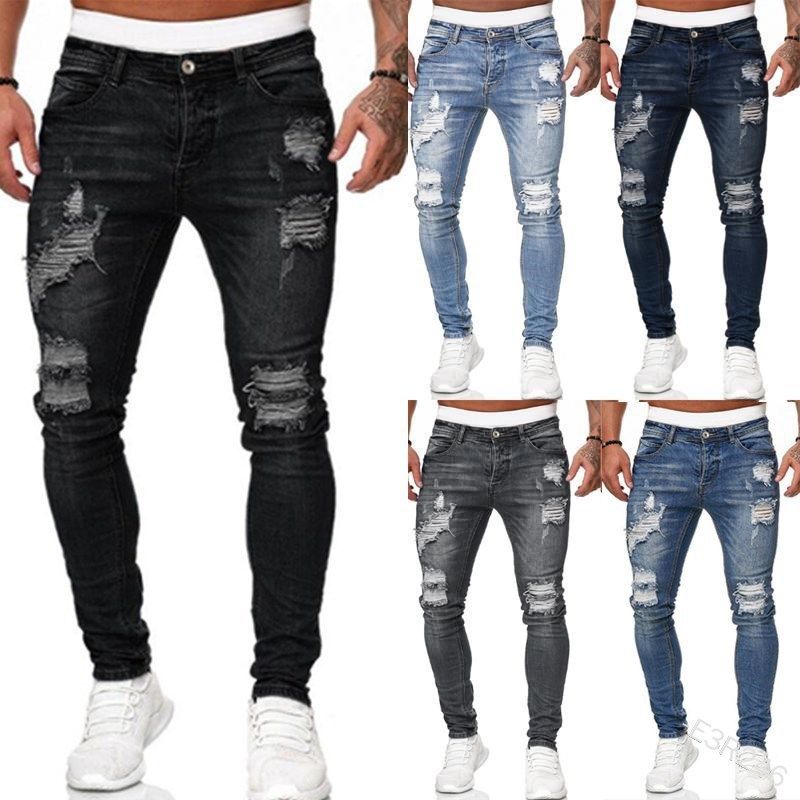 Wholesale Men Long Pants Zipper Pockets Fashion Ragged blue biker jeans trousers man black ripped Destroy Wash jeans Casual