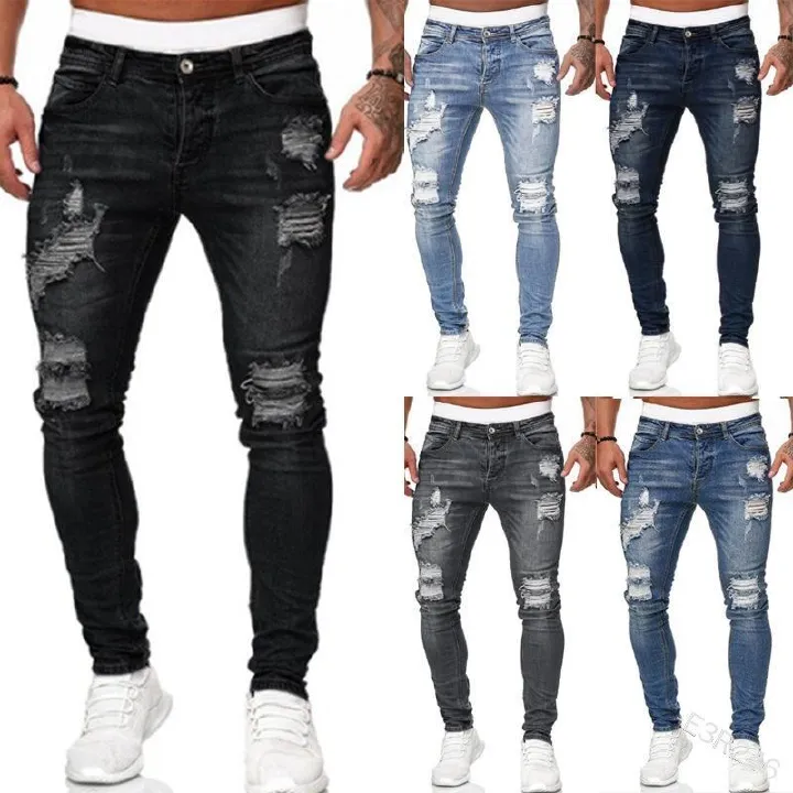 Wholesale Men Long Pants Zipper Pockets Fashion Ragged blue biker jeans trousers man black ripped Destroy Wash jeans Casual
