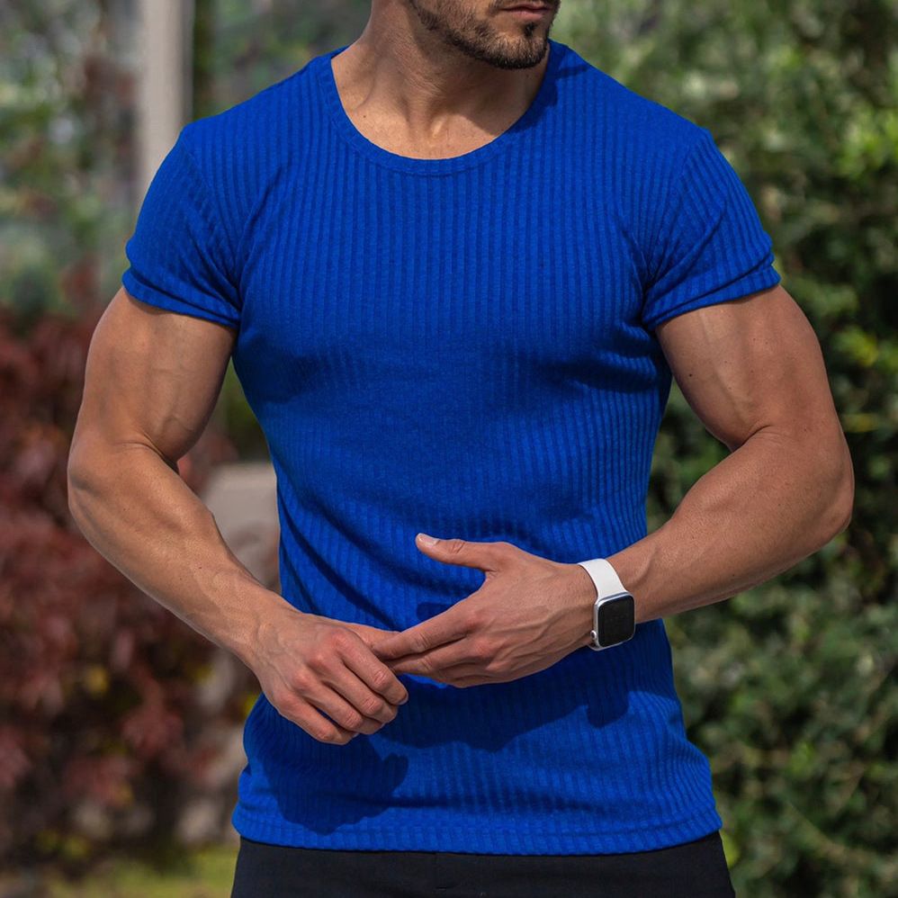 hot sell rib fabric cotton spandex t-shirt elastic sports wear t shirt custom logo muscle show t shirt for men T-Shirts