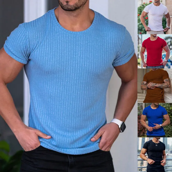 hot sell rib fabric cotton spandex t-shirt elastic sports wear t shirt custom logo muscle show t shirt for men T-Shirts