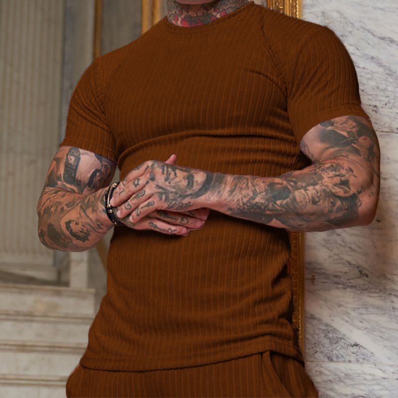 hot sell rib fabric cotton spandex t-shirt elastic sports wear t shirt custom logo muscle show t shirt for men T-Shirts