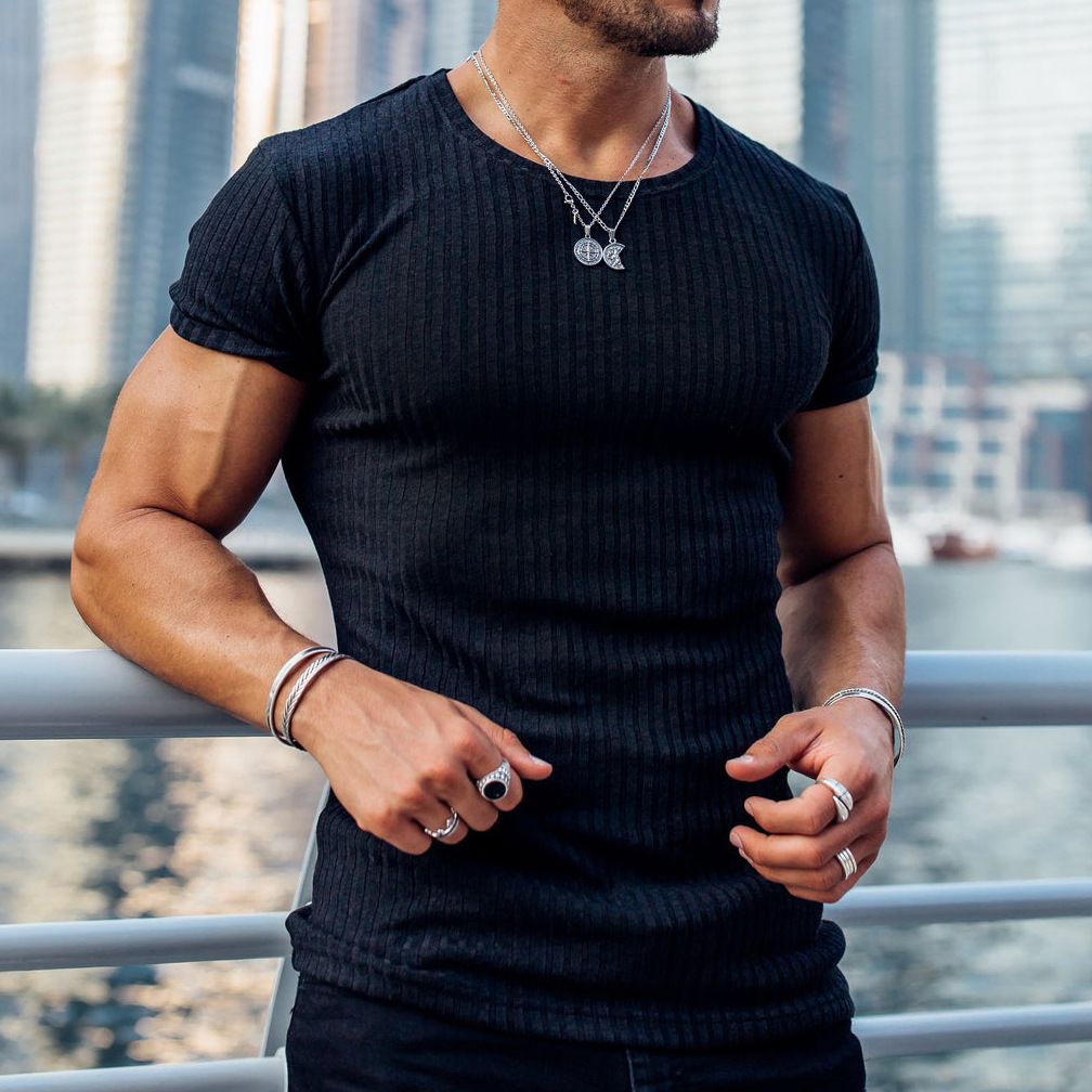hot sell rib fabric cotton spandex t-shirt elastic sports wear t shirt custom logo muscle show t shirt for men T-Shirts
