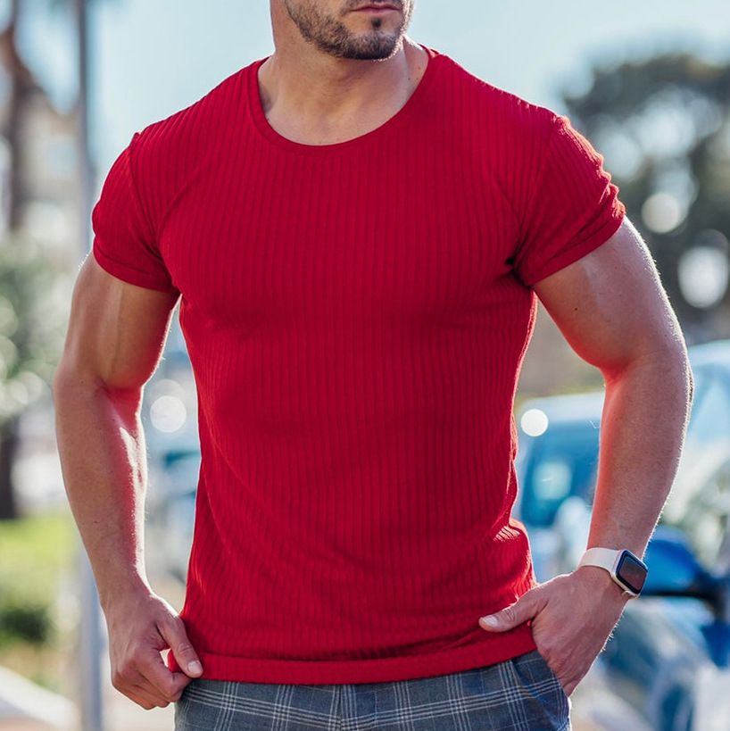 hot sell rib fabric cotton spandex t-shirt elastic sports wear t shirt custom logo muscle show t shirt for men T-Shirts