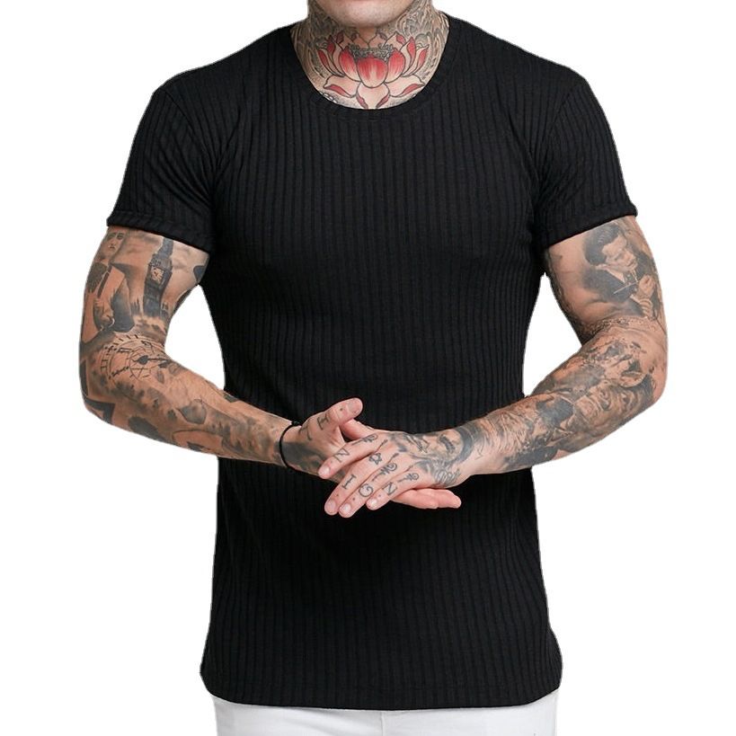 hot sell rib fabric cotton spandex t-shirt elastic sports wear t shirt custom logo muscle show t shirt for men T-Shirts
