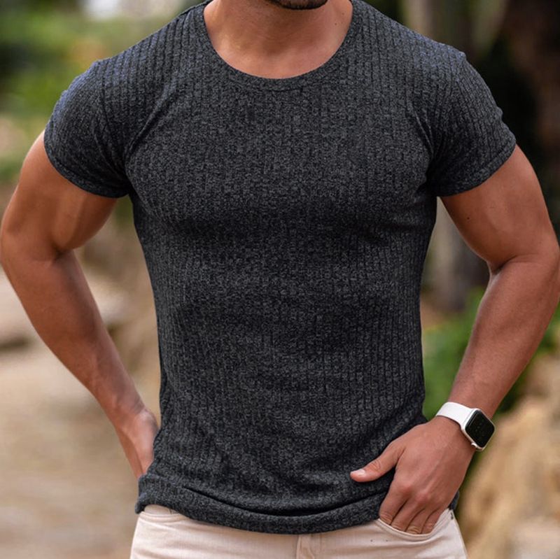 hot sell rib fabric cotton spandex t-shirt elastic sports wear t shirt custom logo muscle show t shirt for men T-Shirts