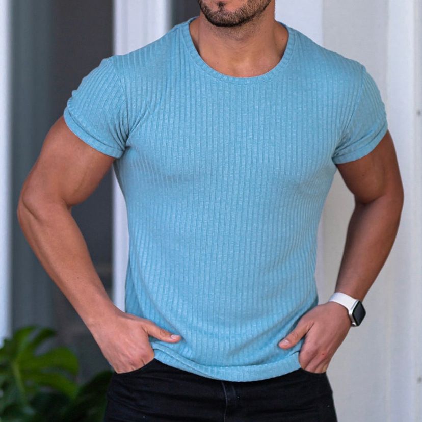 hot sell rib fabric cotton spandex t-shirt elastic sports wear t shirt custom logo muscle show t shirt for men T-Shirts