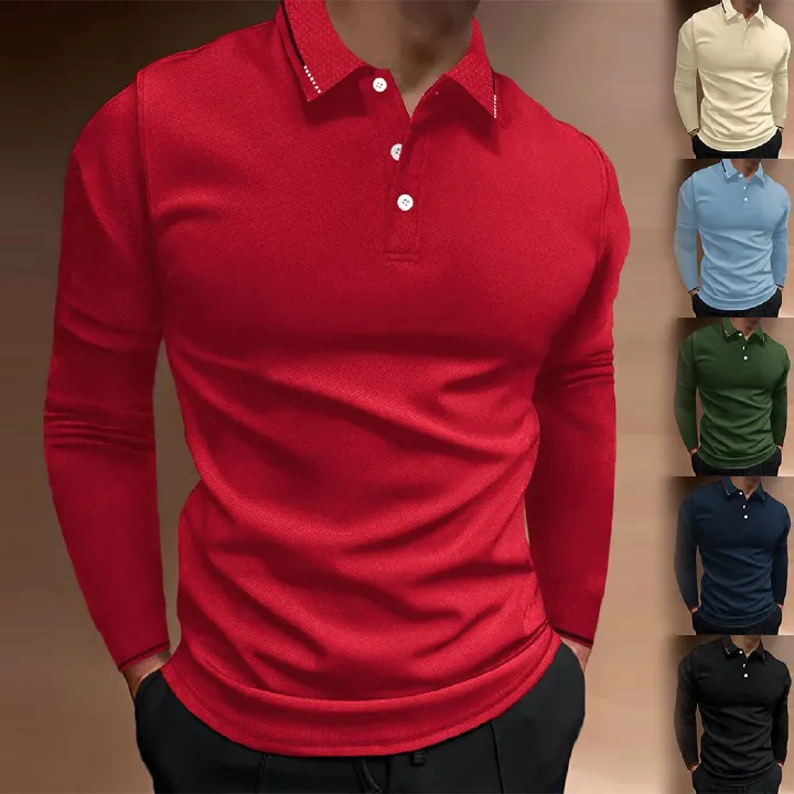 Summer Fall Sports Fitness casual stand collar stretch vertical strip long sleeve V-neck sports fitness men's POLO T-Shirts