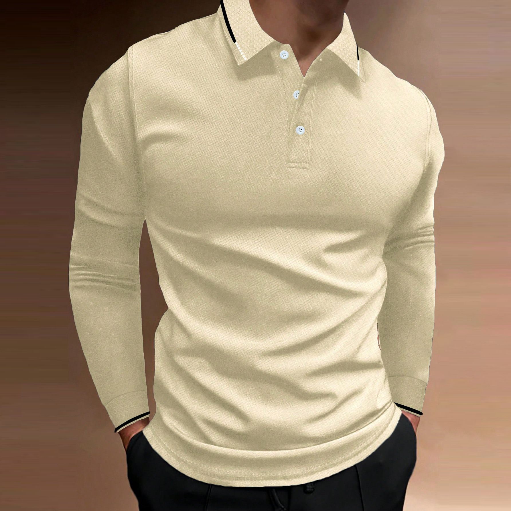 Summer Fall Sports Fitness casual stand collar stretch vertical strip long sleeve V-neck sports fitness men's POLO T-Shirts