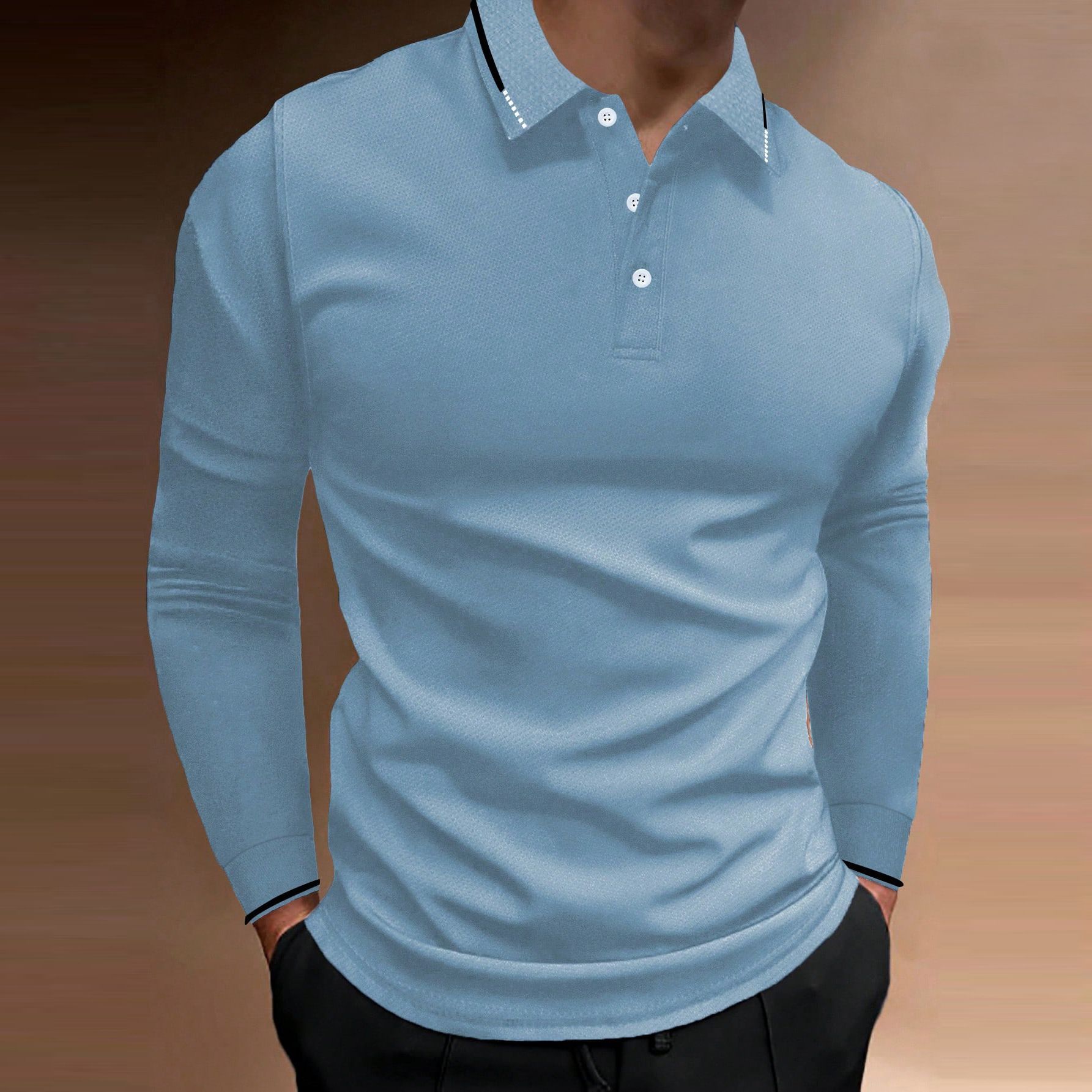 Summer Fall Sports Fitness casual stand collar stretch vertical strip long sleeve V-neck sports fitness men's POLO T-Shirts
