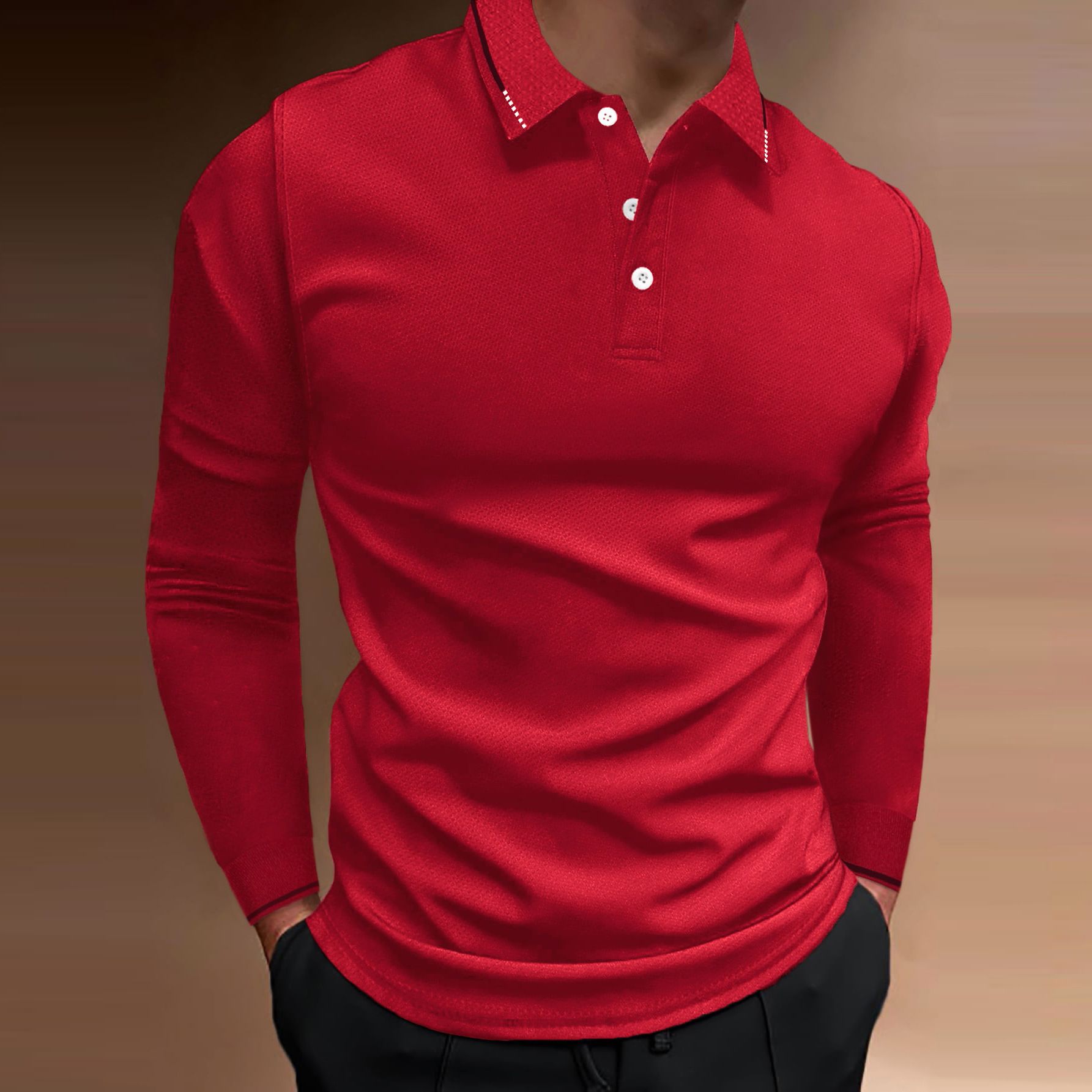Summer Fall Sports Fitness casual stand collar stretch vertical strip long sleeve V-neck sports fitness men's POLO T-Shirts