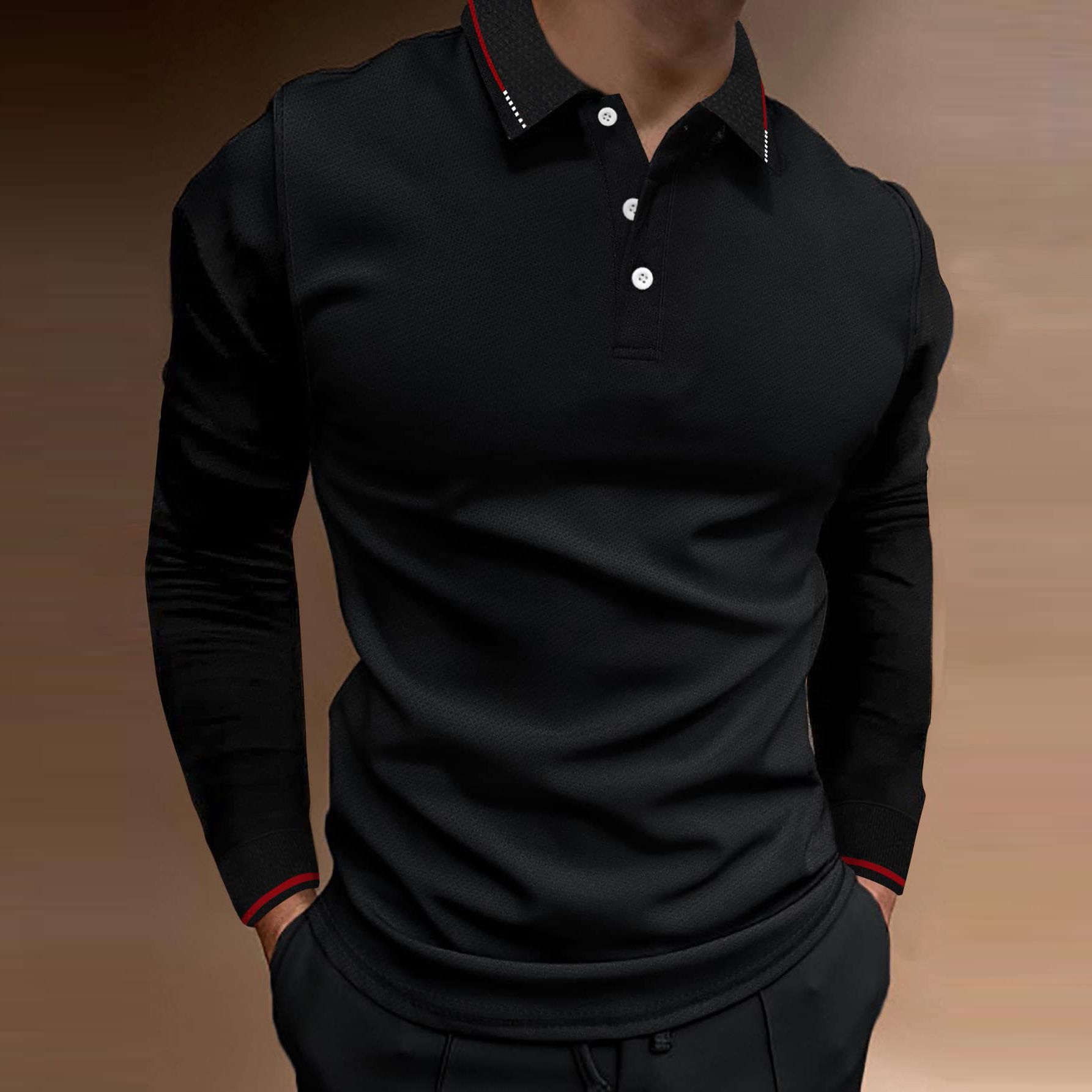 Summer Fall Sports Fitness casual stand collar stretch vertical strip long sleeve V-neck sports fitness men's POLO T-Shirts