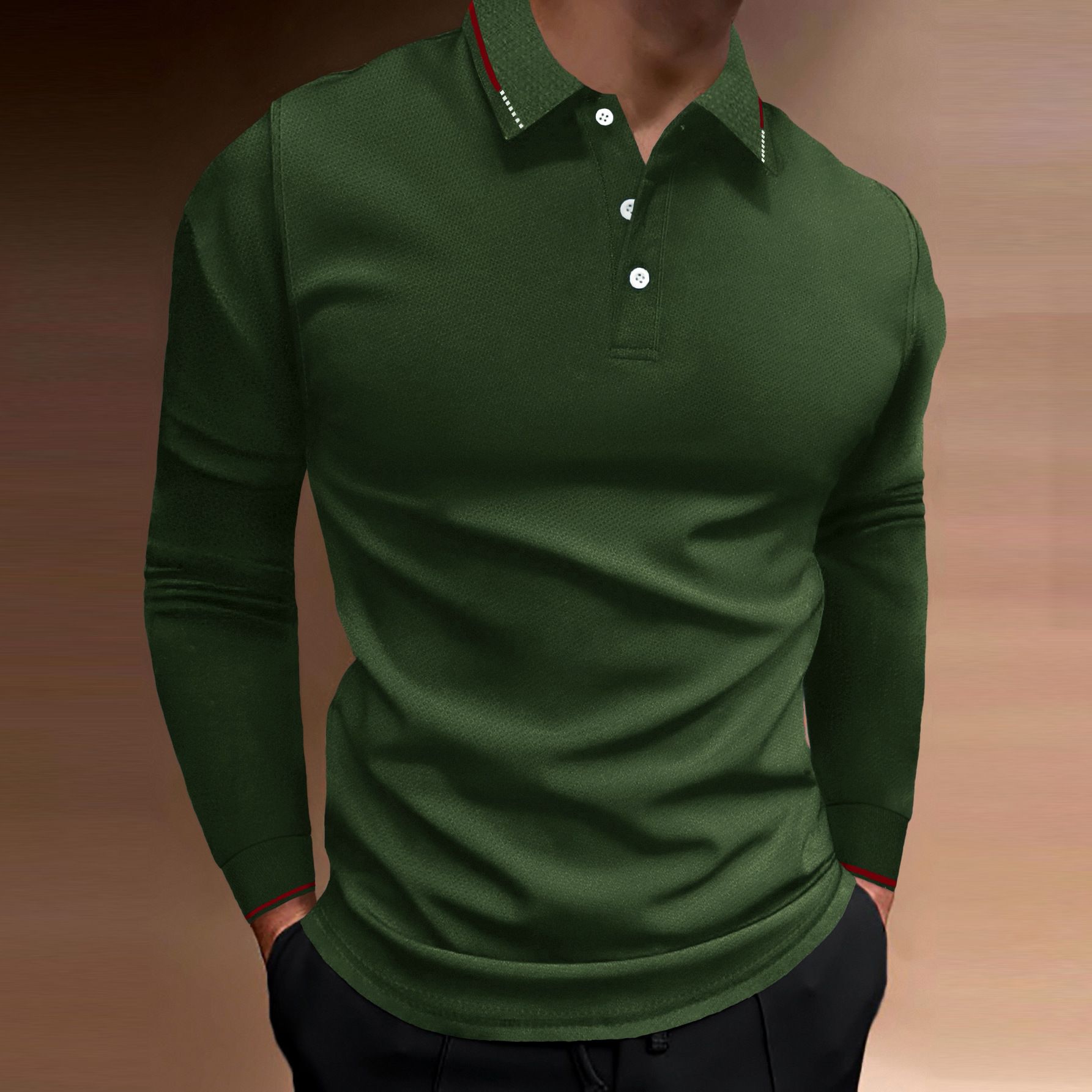 Summer Fall Sports Fitness casual stand collar stretch vertical strip long sleeve V-neck sports fitness men's POLO T-Shirts