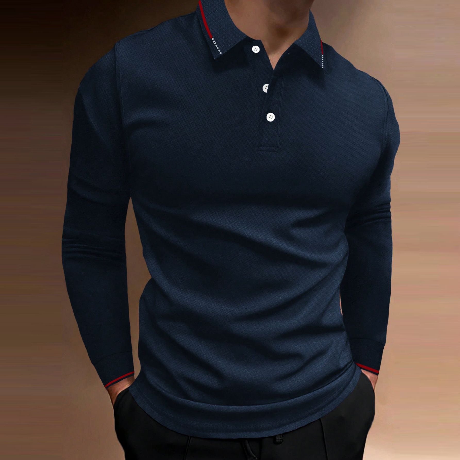 Summer Fall Sports Fitness casual stand collar stretch vertical strip long sleeve V-neck sports fitness men's POLO T-Shirts