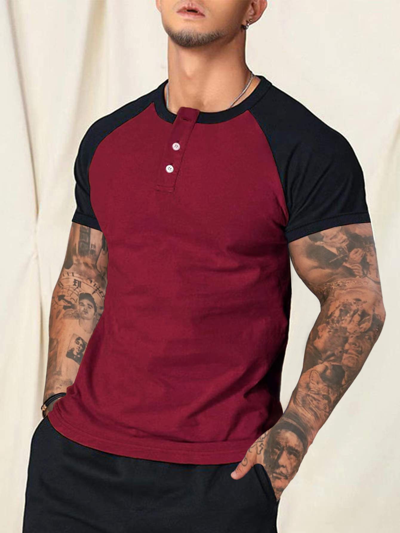 Custom Design Men's Casual Classic Short Sleeve Raglan Henley T-Shirts Baseball Shirts Tee Button T-Shirt