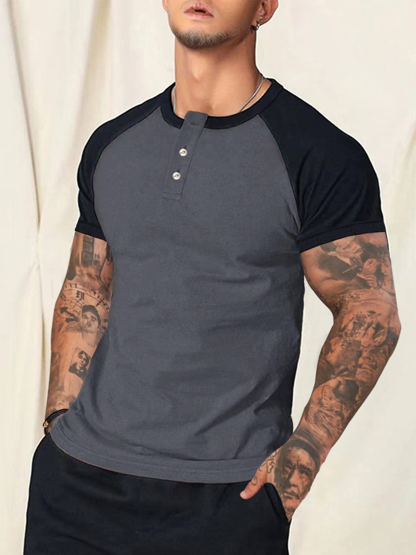 Custom Design Men's Casual Classic Short Sleeve Raglan Henley T-Shirts Baseball Shirts Tee Button T-Shirt